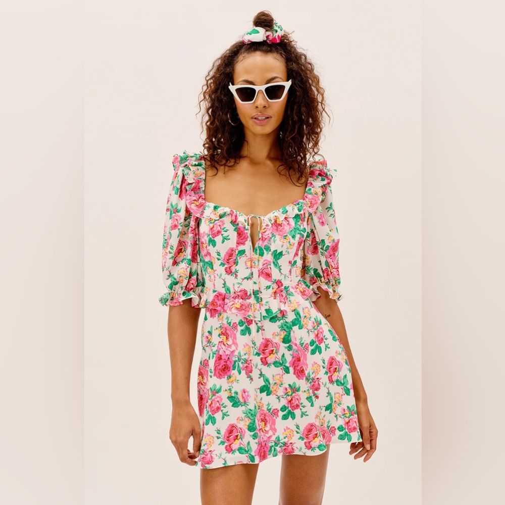 For Love & Lemons Loretta Mini Dress Floral Puff Sleeve Cutout M